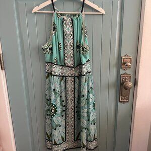 London Times Boho Midi Dress – Teal & Green Print Size 14